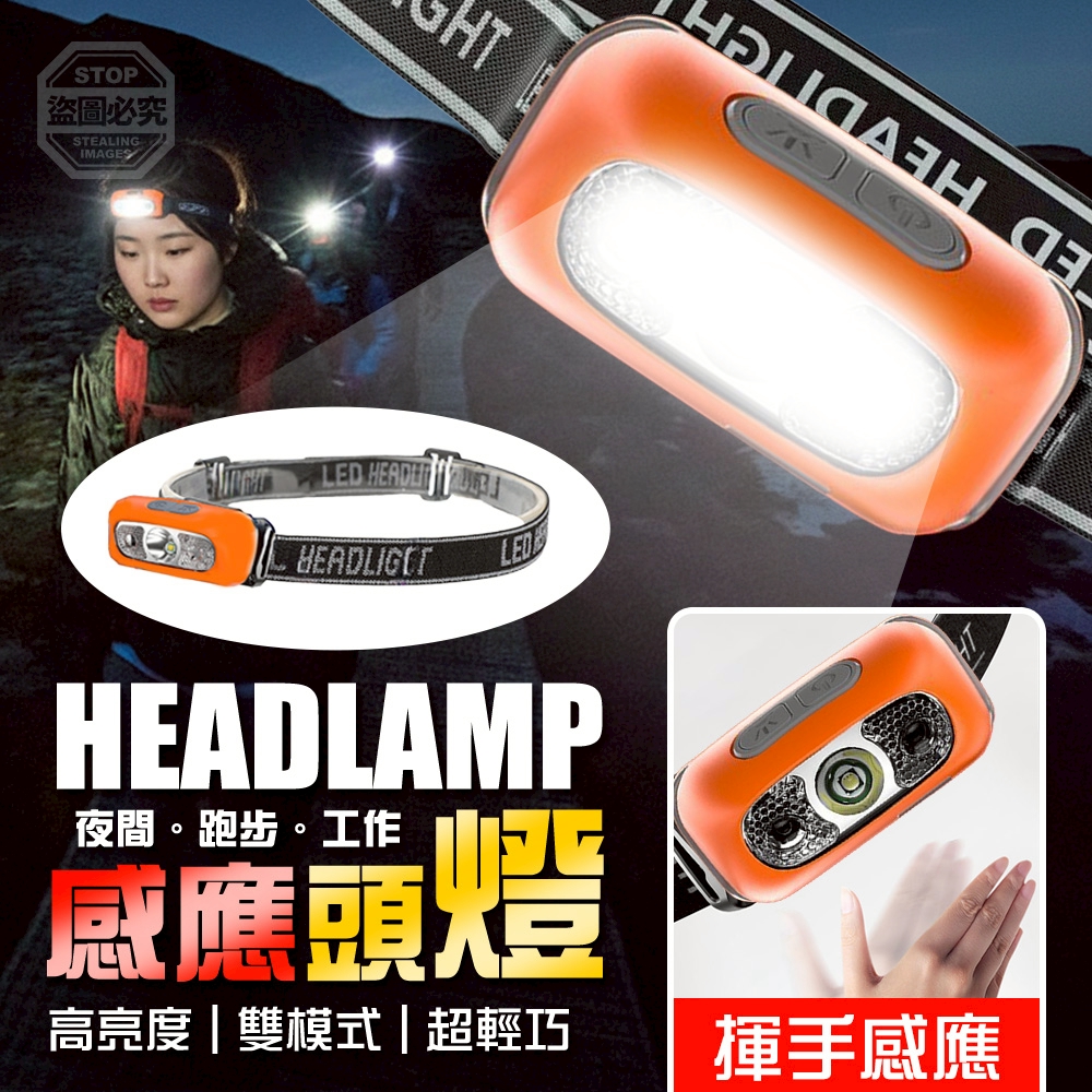 (2個)夜間跑步工作雙模式感應輕巧高亮度頭燈