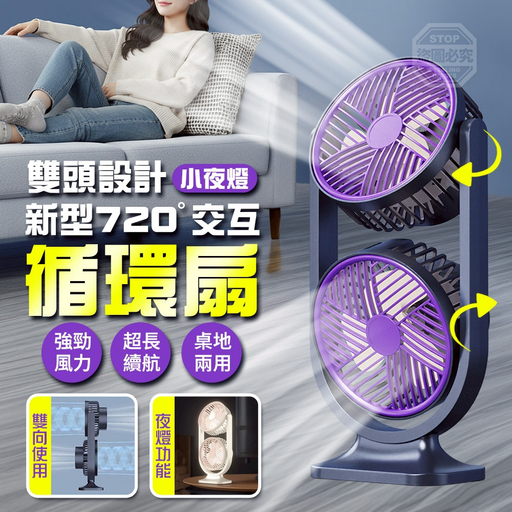 新型720°交互雙頭掛立小夜燈循環扇