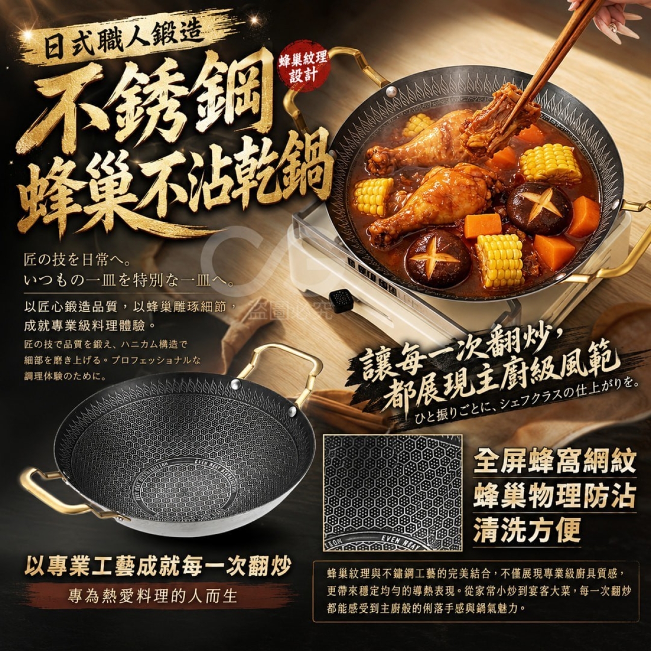 日式職人鍛造不鏽鋼蜂巢不沾乾鍋