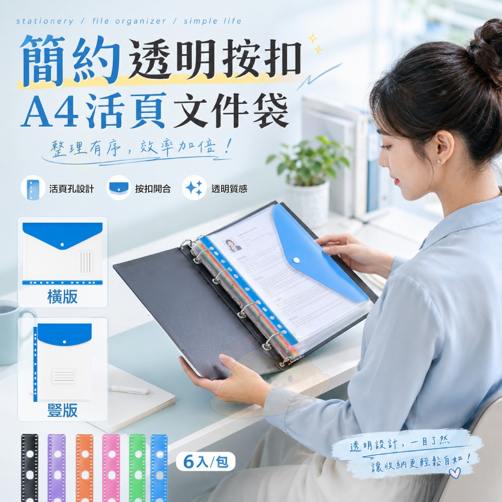 簡約透明按扣A4活頁文件袋6入