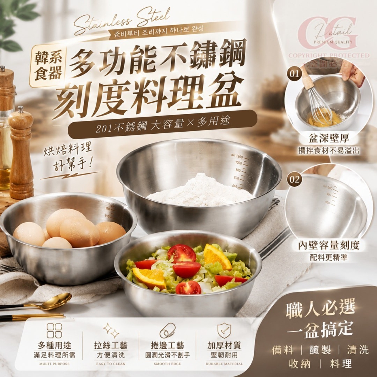 (2個)多功能不鏽鋼刻度料理盆