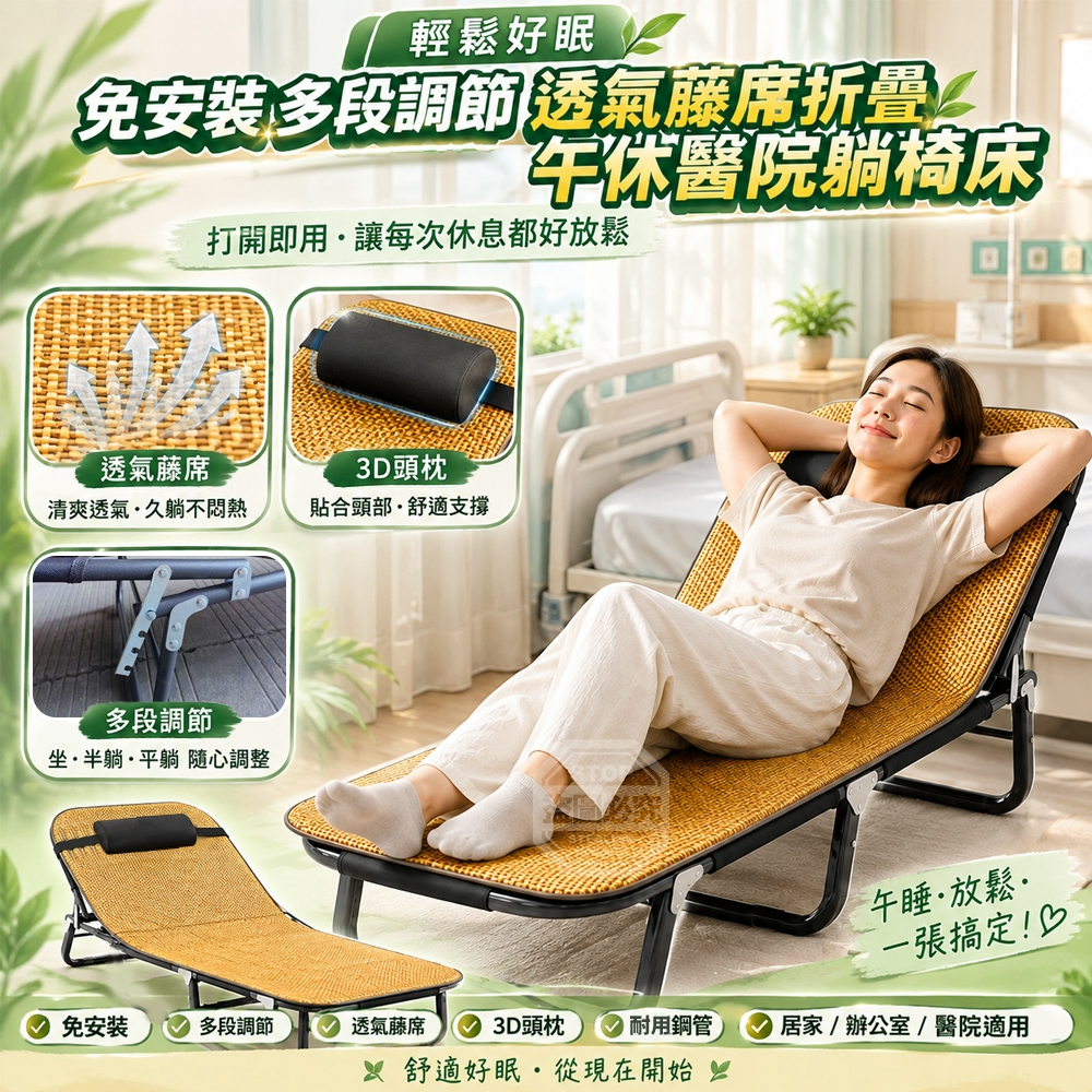 輕鬆好眠免安裝多段調節透氣藤席折疊午休醫院躺椅床