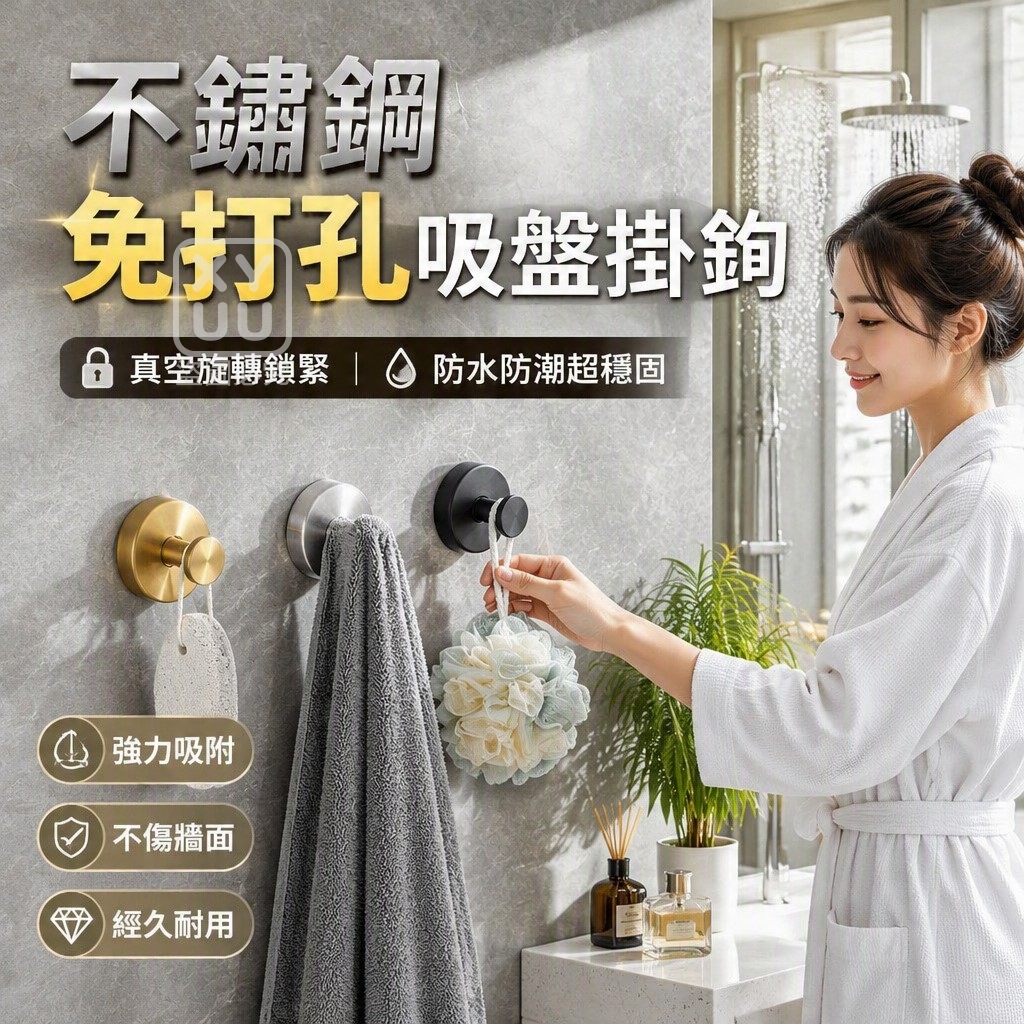 (4個)不鏽鋼免打孔吸盤掛鉤