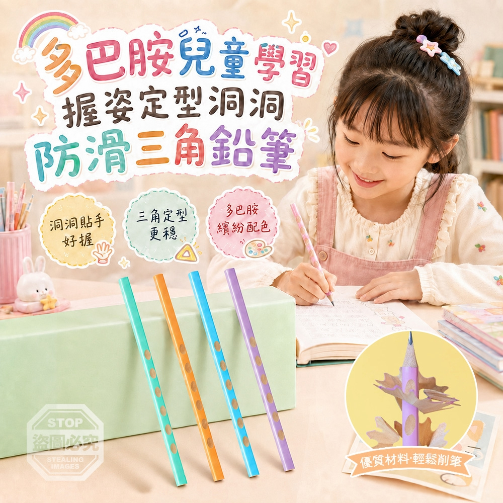 (2組)多巴胺兒童學習握姿定型洞洞防滑三角鉛筆 20入