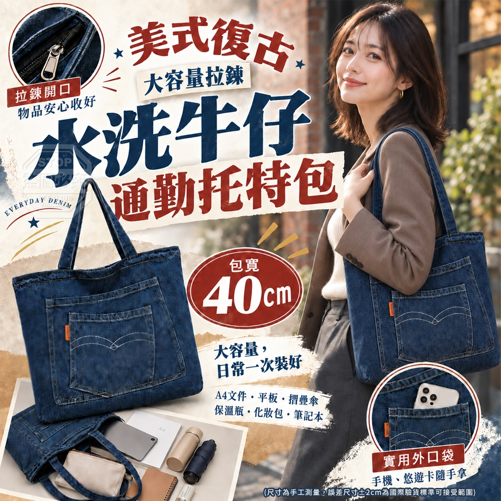 美式復古大容量拉鍊水洗牛仔通勤托特包